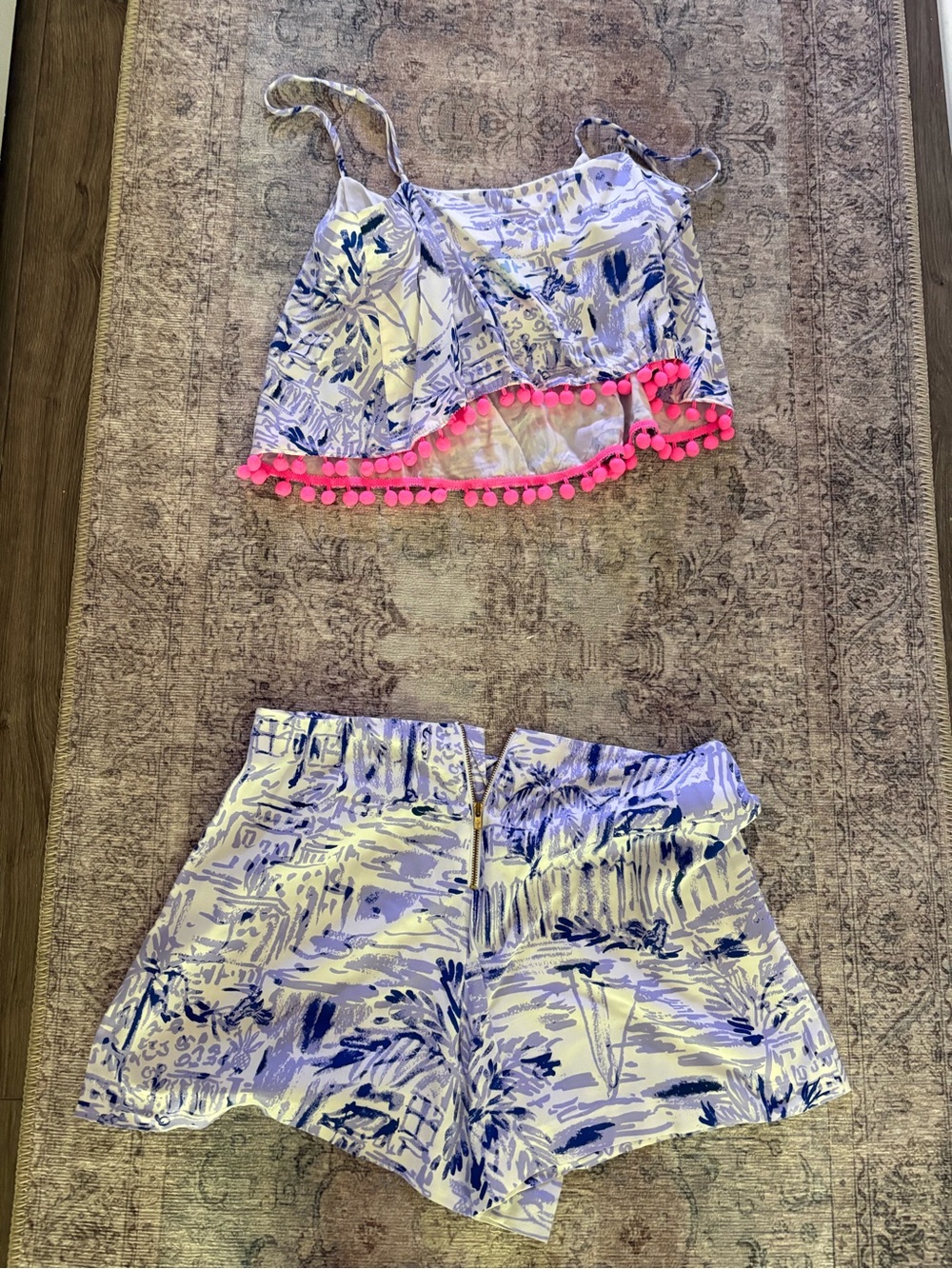 Lilly Pulitzer Lavender, White & Navy Tropical Print Pom-Pom Two-Piece Set - Picture 2 of 4